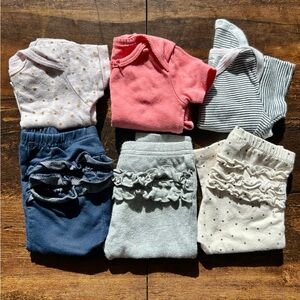 6 pc bundle! 6-9 mos girl. Basic essentials. 3 onesies & 3 rufflebutt leggings